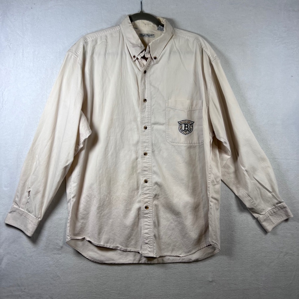 Vintage‎ Bugle Boy Co Mens XL Cream Cotton Button Down Crest Logo Long Sleeve